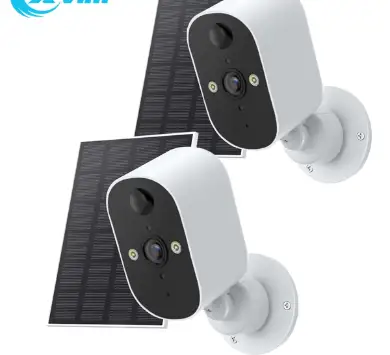 Pair of white outdoor WiFi security cameras with integrated solar panels for wire-free installation