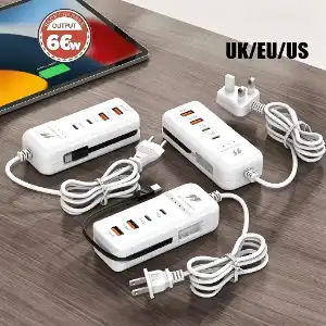 Multi-port fast charging adapters with USB-A and Type-C outputs and matching charging cables